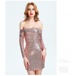 Boat neck off shoulder slim boobs sexy sequined dress