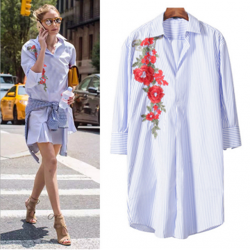 7055 early spring hand-embroidered long striped thin casual shirt