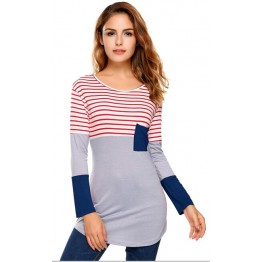 9838 fashion color matching stripes long sleeve irregular T-shirt 