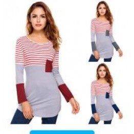 9838 fashion color matching stripes long sleeve irregular T-shirt 