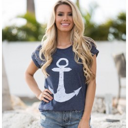 9836 summer anchor printing short-sleeved cotton T-shirt