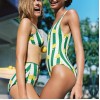 8988 lemon green striped split swimsuit