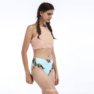 G0022 split stripes top and print swimsuit 