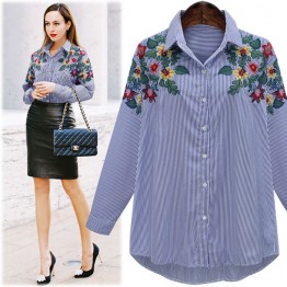 7065 bright flowers embroidered temperament stripe shirt