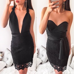 1010-1 New Black Halter Tie Lace Dress