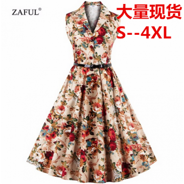 7073 Hepburn sexy retro sleeveless floral print dress with belt